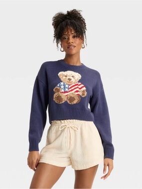Greyson Threads Women’s Teddy Bear American Flag Cropped Sweater Size XXL
